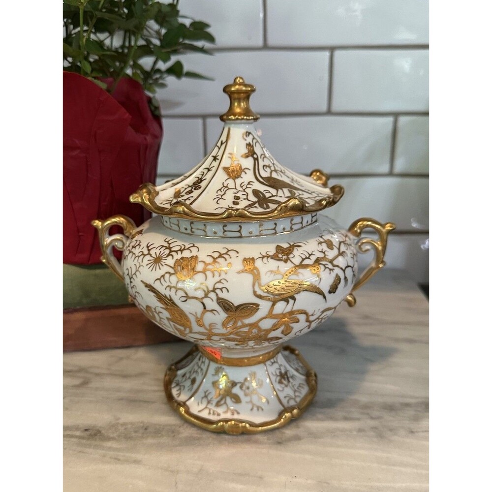 Ardalt Japan Lidded Urn Covered Candy Dish Gold Bird Porcelain Ginger Jar 8"